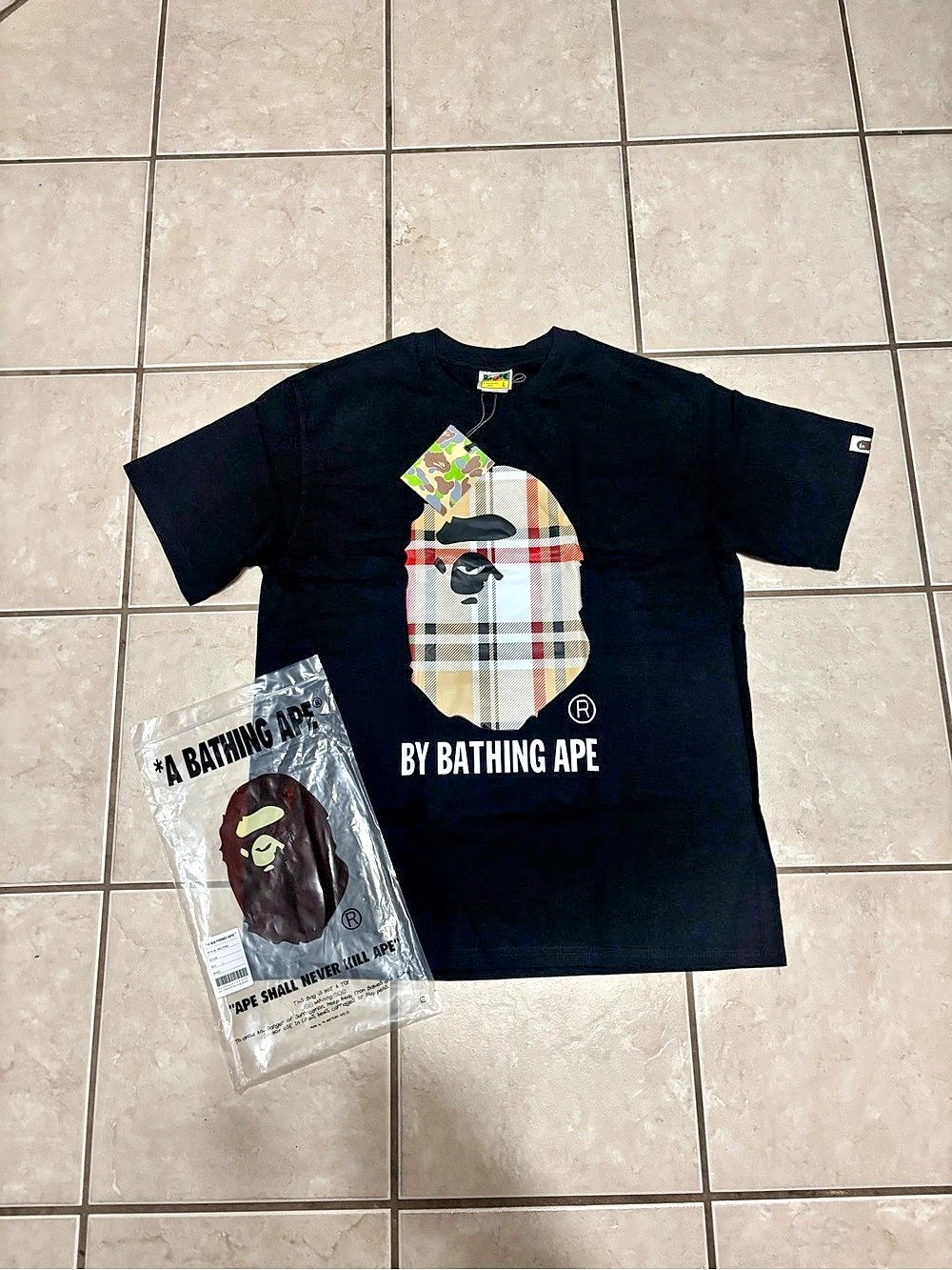A Bathing Ape BAPE Check by Bathing Ape Tee Black/Beige Plaid Graphic T-Shirt in